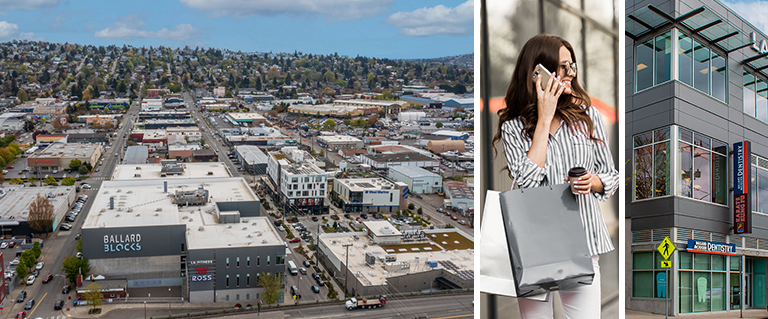 Ballard Blocks collage aerial view, woman on phone with shopping bags, exterior of shops and offices