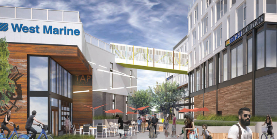 Rendering of Marine West storefront and skywalk at Ballard Blocks